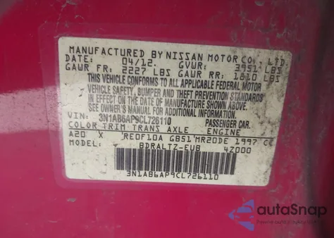 2012 Nissan Sentra 2.0 Sr z USA, uszkodzony, nr VIN 3N1AB6AP9CL726110